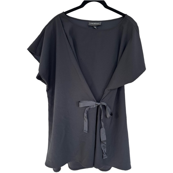 Lane Bryant Shirt Short Sleeve Blouse Black Ties In Front With Ribbon Size 14/16 - Picture 1 of 10